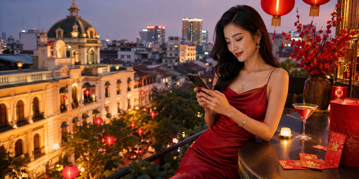 Phong bì đỏ may mắn và đèn lồng Hà Nội gợi không khí nhận thưởng khuyến mãi dịp lễ tết