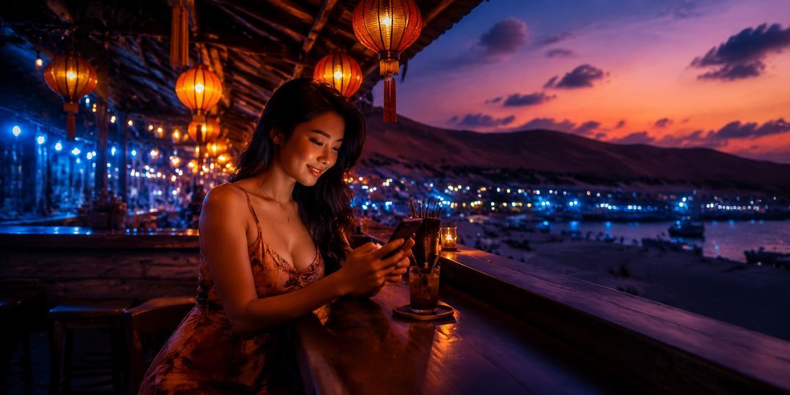 Người dùng tại Mũi Né xem kèo thể thao trực tuyến trên điện thoại tại chợ đêm